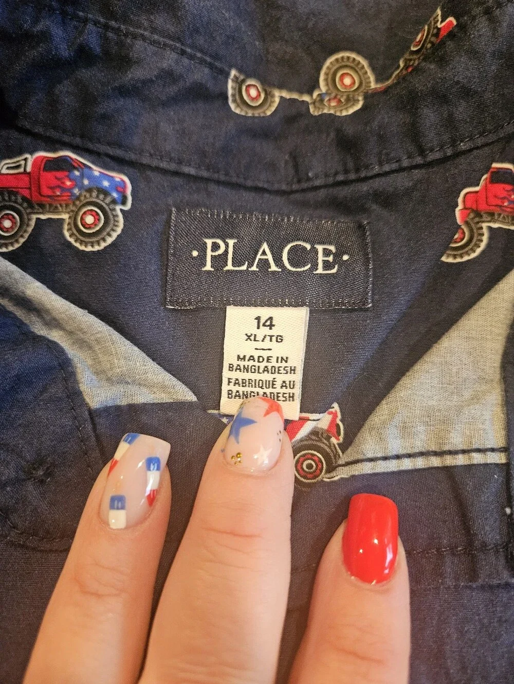 Children's Place Navy Button-Down with Red White Blue Monster Truck Print - 14